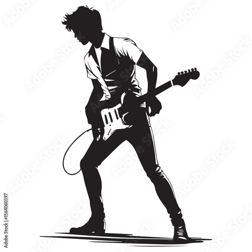 Dynamic black silhouette of a male guitarist playing an electric guitar with a cable on a white background