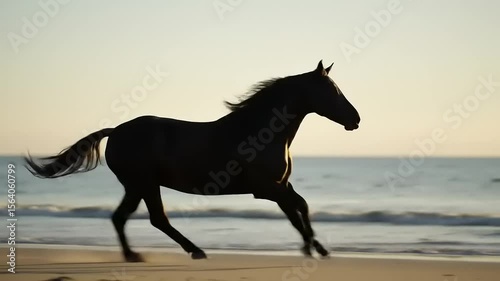 Black horse running beach sunset.