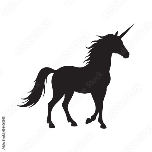 Majestic black unicorn silhouette standing proudly isolated on white background silhouette