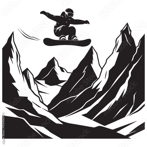 Silhouette of a snowboarder performing a jump against a backdrop of sharp stylized mountain peaks