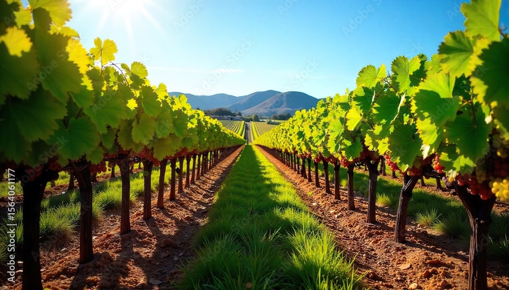 Naklejka premium Sun-dappled California Grapes Ripe for Harvest Lush Vineyards Under a Blue Sky