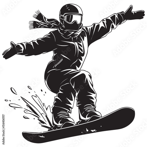 Dynamic black and white illustration of a snowboarder in mid air with arms outstretched