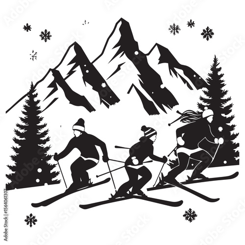 Three skiers in silhouette descending a snowy mountain slope with pine trees and snowflakes
