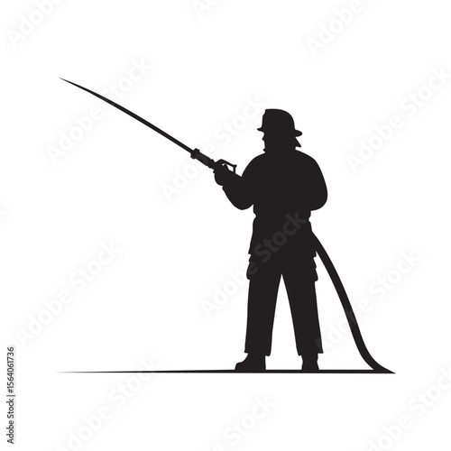 Firefighter holding a hose in silhouette isolated on white background silhouette