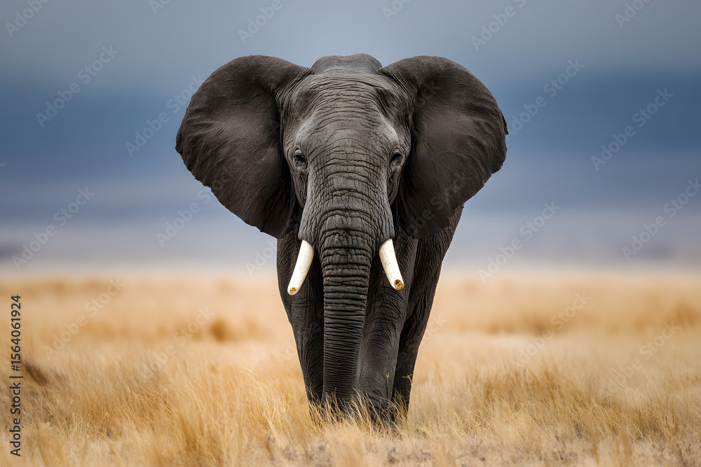 Fototapeta premium African elephant (Loxodonta africana) bull walking on savanna, looking at camera, Amboseli national park, Kenya.