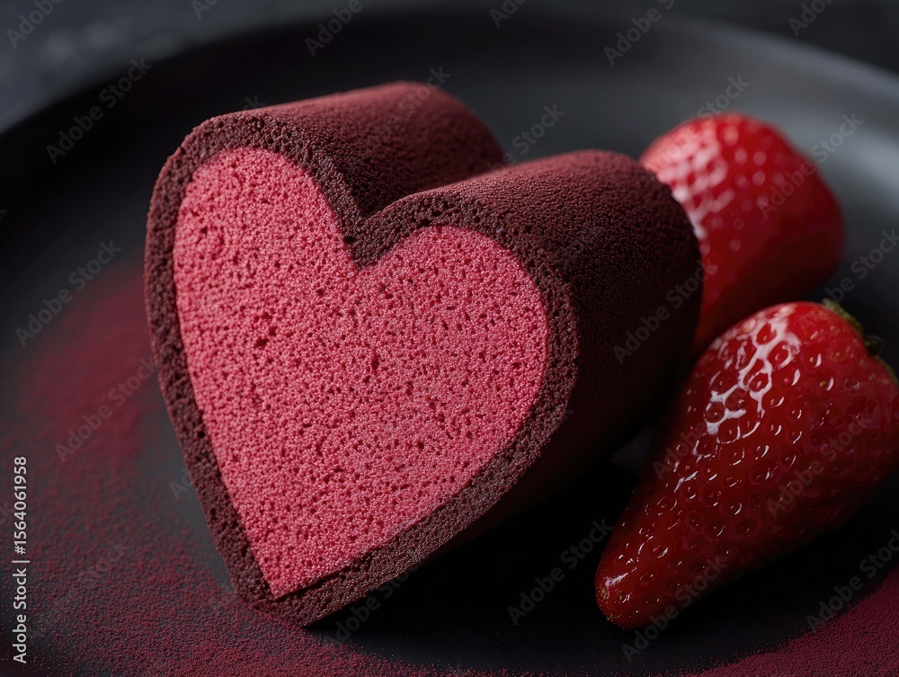 Fototapeta premium Red heart-shaped sponge cake on a dark plate. Fresh strawberries beside it in soft light. Romantic affection and indulgence. Ideal for Valentine ads and bakery menus.