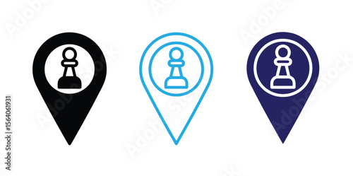 Game plan concept features chess pawn within location pin in various colors for strategic marketing purposes.