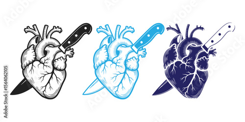 heart,heart icon,heart logo,heart vector, anatomical logo,Anatomical hearts pierce by knives are showcased in an artistic vector drawing with a touch of edgy, alternative style.