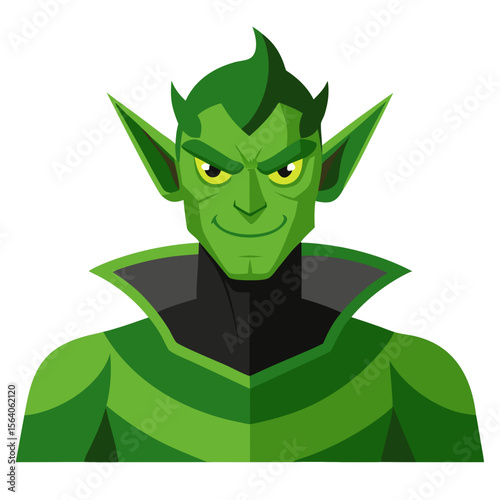 A stylized green goblin or demon character illustration with pointed ears, yellow eyes, a mischievous grin, and wearing dark armor with green accents in a clean cartoon vector art style.