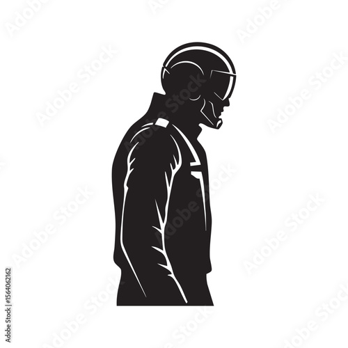 Man in futuristic helmet and jacket silhouette isolated on white background