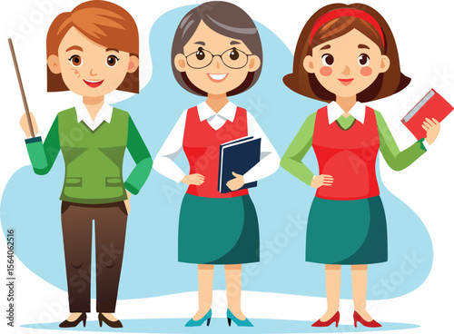 Three diverse cartoon women teachers standing together holding books and a pointer stick isolated on transparent background