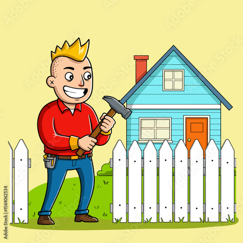 Cartoon character with blonde hair fixing a white picket fence near a blue house with a red chimney, set on a grassy lawn and yellow background.