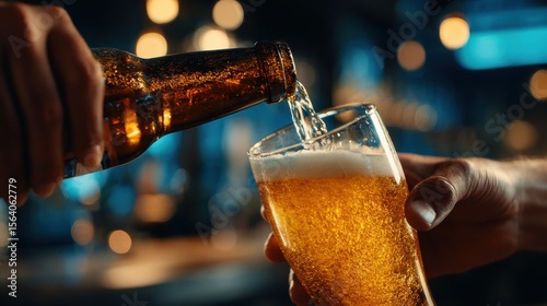 Close-up of beer being poured from a bottle into a glass with golden foam and bubbles under warm bar lighting, perfect for advertising and hospitality concepts.