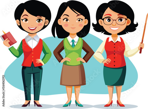 Three diverse cartoon women teachers standing together holding a book and pointer isolated on transparent background