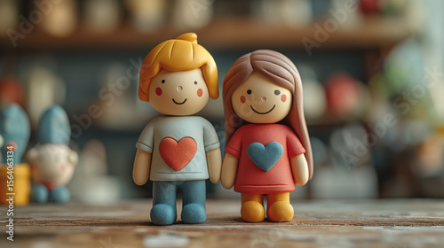 Two handcrafted characters toys Figures standing together holding hands in Love 