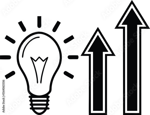 Conceptual illustration of a light bulb with radiating lines next to three ascending arrows symbolizing growth progress and success isolated on transparent background
