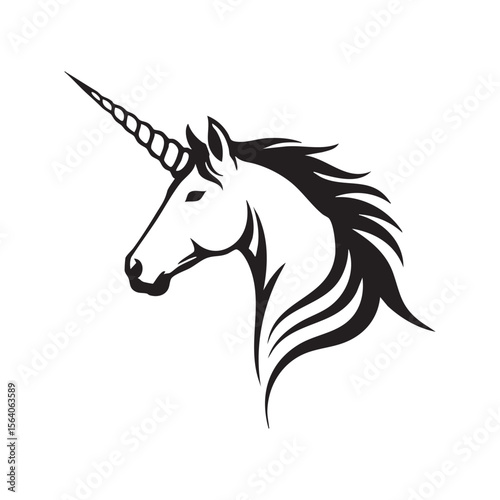 Majestic unicorn head silhouette with spiraling horn isolated on white background