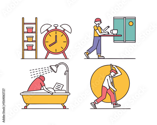 Daily Routine Activities Illustration Set Wake Up, Coffee, Shower, and Cleaning
