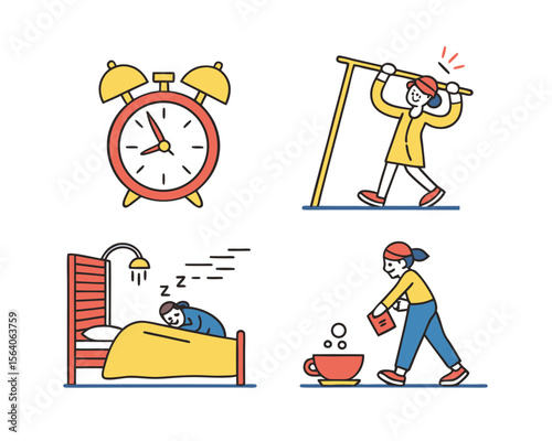 Daily Routine Activities Illustration Set Wake Up, Sleep, and Coffee