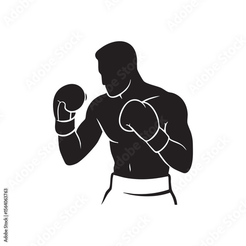 Boxing fighter in fighting stance silhouette isolated on white background