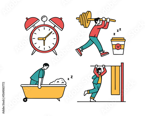 Daily Routine Activities Icons Alarm Clock Fitness Bath