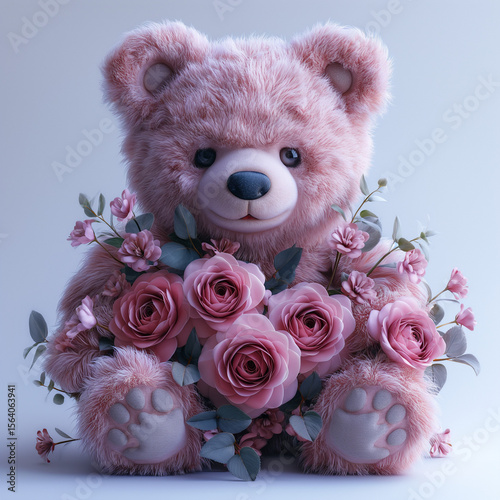 Elegant Pink Flower Bouquet with Plush Teddy Bear 