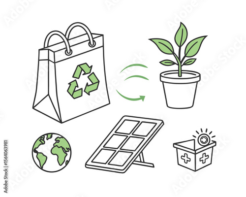 Eco Friendly Lifestyle Icons Recycling Bag Plant Solar Panel Globe