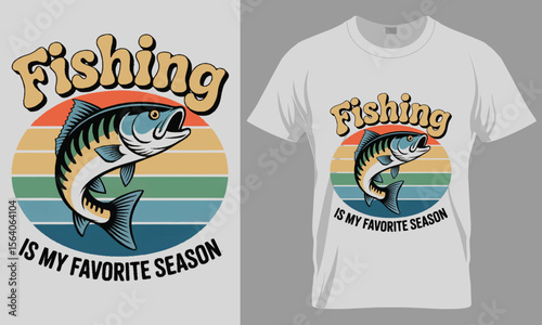 Fishing is My Favorite Season" T-Shirt Design with Striped Fish and Retro Sunset