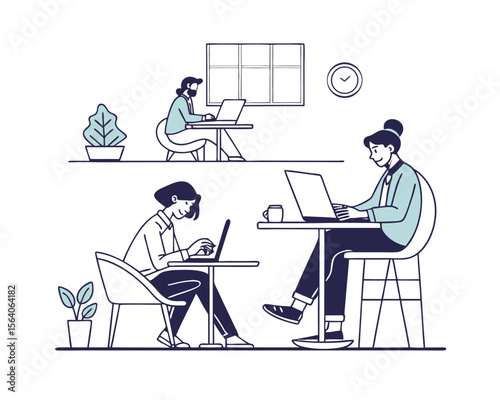 Three Women Working Remotely on Laptops in Modern Office Setting