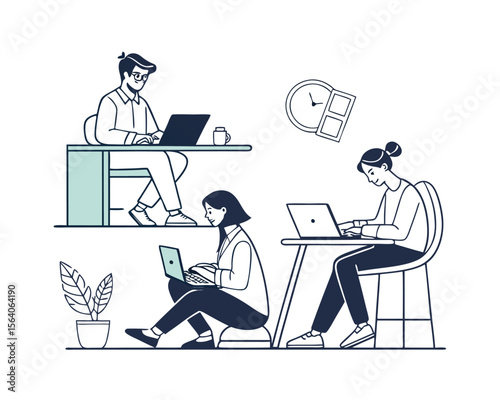 Three Colleagues Working on Laptops in a Modern Office Setting