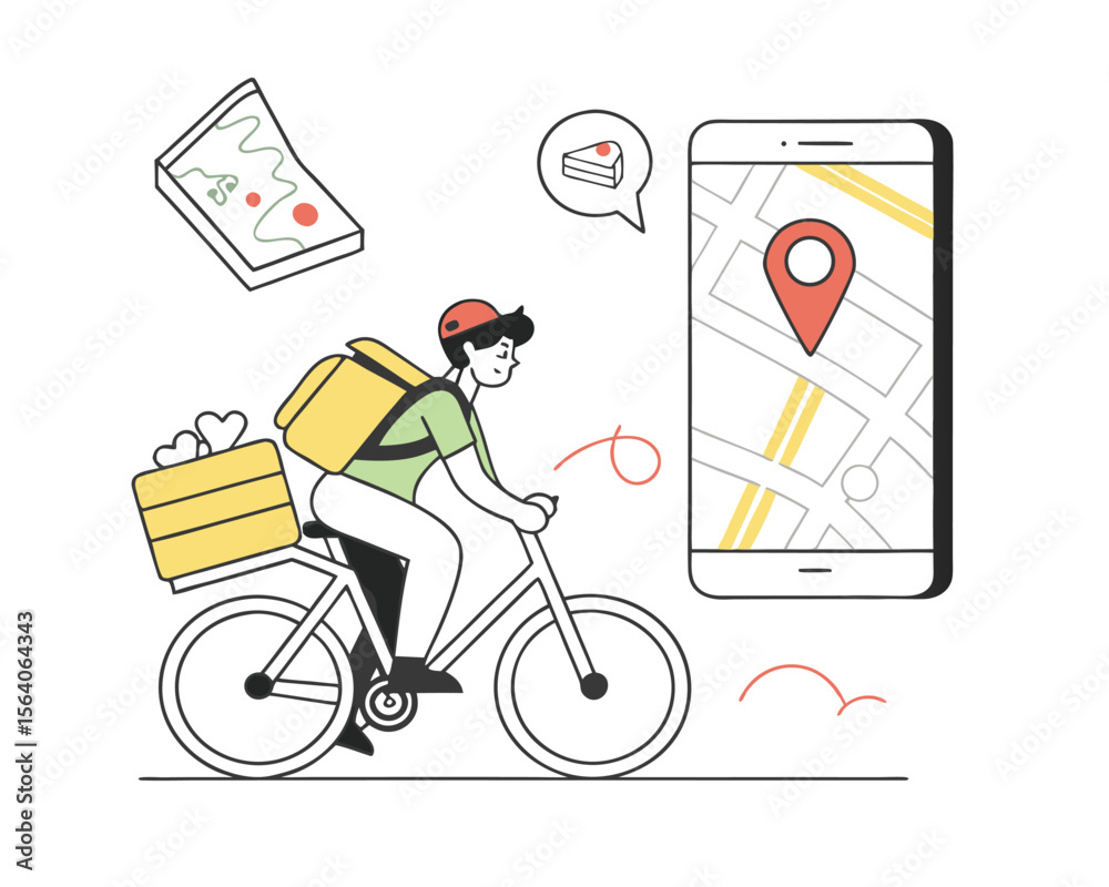Delivery Person Riding Bicycle with Food Order and Smartphone App Delivery Person Riding Bicycle with Food Order and Smartphone App