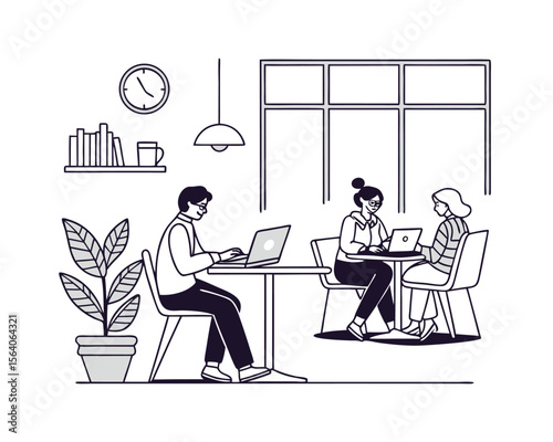 Three Colleagues Collaborating on Laptops in Modern Office
