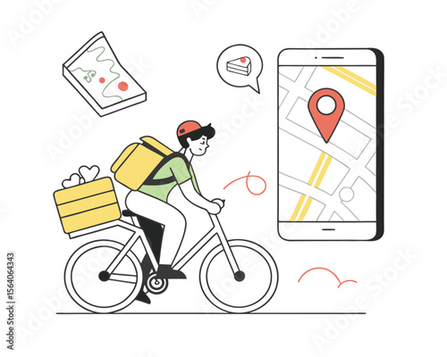 Delivery Person Riding Bicycle with Food Order and Smartphone App