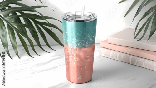 Insulated tumbler with straw teal and coral stainless steel travel mug for hot and cold drinks on marble
