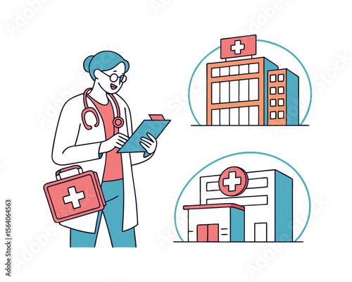 Female Doctor with Medical Bag and Charts Near Hospital Buildings
