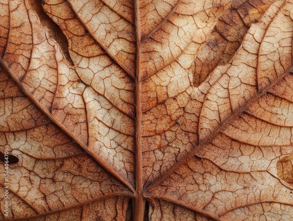 Fototapeta premium Extreme close-up macro photo of a dried maple leaf texture in warm brown, nature detail shot