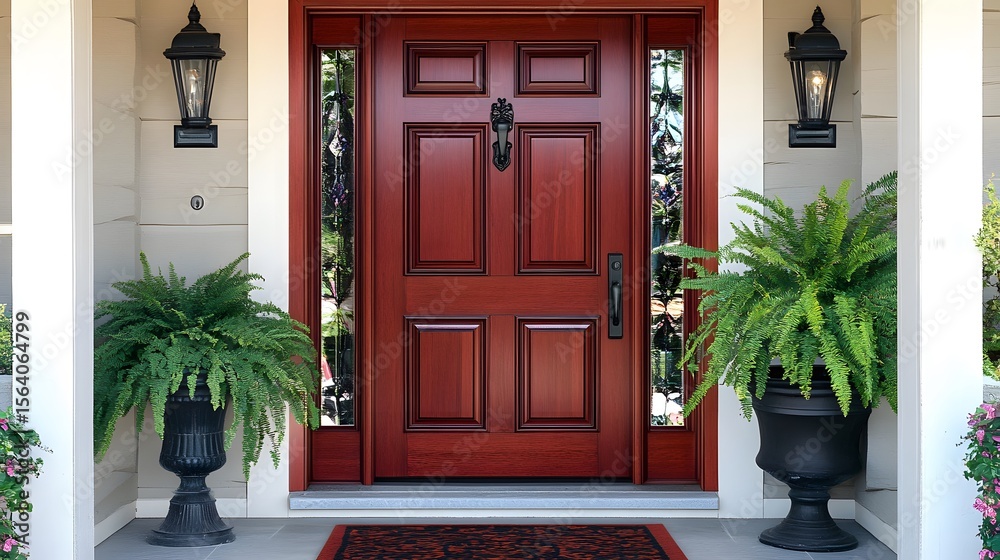 Fototapeta premium Elegant Mahogany Front Door with Ferns in Urns
