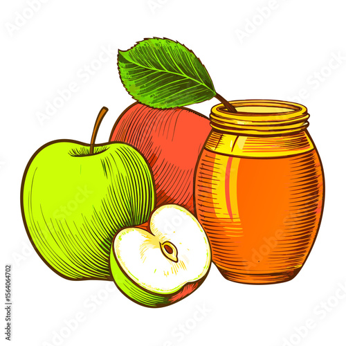 Rosh Hashanah Symbolic Elements with Apples and Honey in Vibrant Illustration for Holiday Celebrations, Cultural Education, Festive Recipe Shares, and Seasonal Articles  