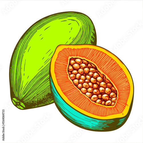 Papaya Fruit Illustration with Vibrant Colors for Health Blogs, Nutrition Websites, Culinary Education, and Organic Food Awareness  