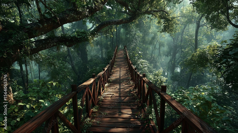 Fototapeta premium Wooden bridge through lush green rainforest canopy, misty atmosphere