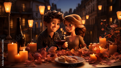 Adorable Animated Couple in Love at Candlelight Dinner