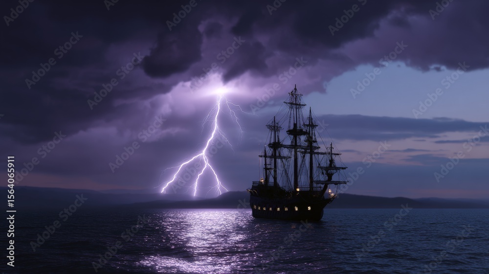 Fototapeta premium Historical sailing ship against dramatic lightning and stormy sky