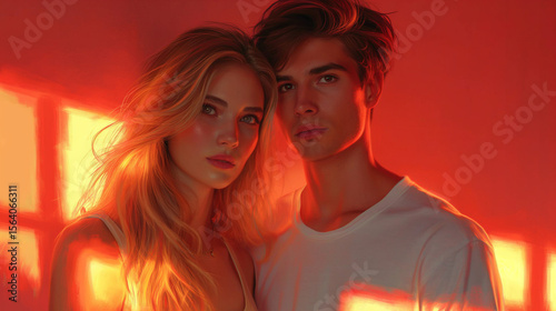 Cute and Beautiful Young Couple Portrait in Warm and glowing lightning Romantic Mood Portrait