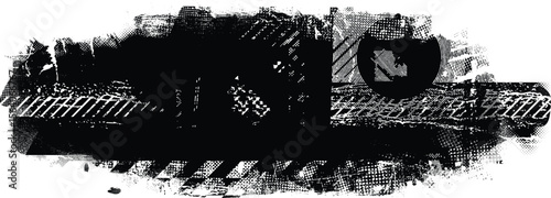Glitch distorted grungy banner . Noise destroyed background . Trendy defect . Glitched collage .Grunge textured . Distressed effect .Vector shape. halftone dots . Screen print texture
