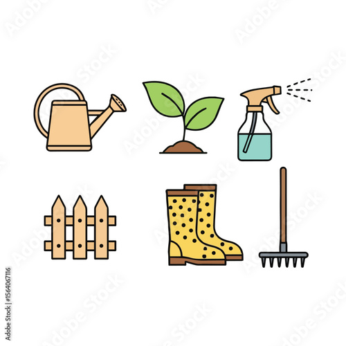 Gardening tools and supplies including watering can seedling boots and rake isolated on white background Art & Illustration