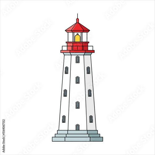 Classic lighthouse with red roof and light beacon isolated on white background Art & Illustration