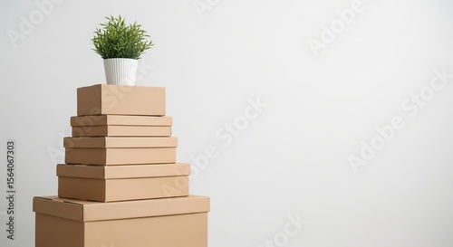 Stack of moving boxes with a potted plant on top against a white wall, perfect for relocation and home decor stock photos