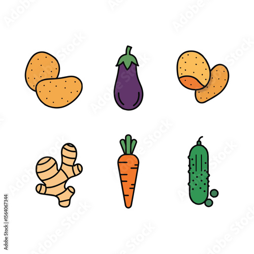 Collection of six cartoon vegetables and root vegetables isolated on white background Art & Illustration