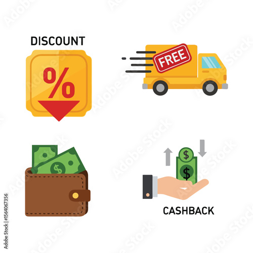 Set of four flat icons representing discount free delivery wallet with money and cashback isolated on white background Art & Illustration
