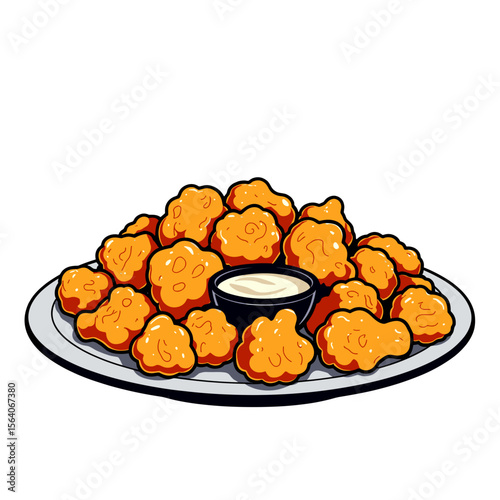 Cartoon chicken nuggets with dipping sauce on plate, fast food